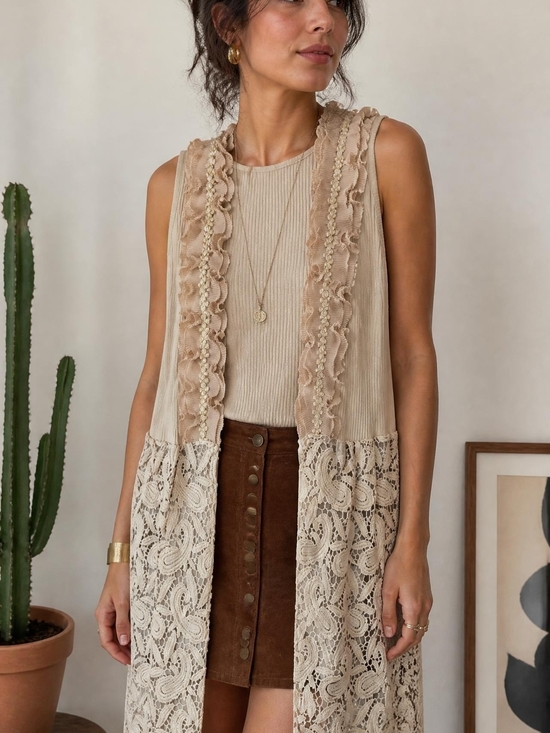 Pretty Angel Jackets & Blazers - PRETTY ANGEL Beige Ruffle and Lace Accent Long Duster Vest